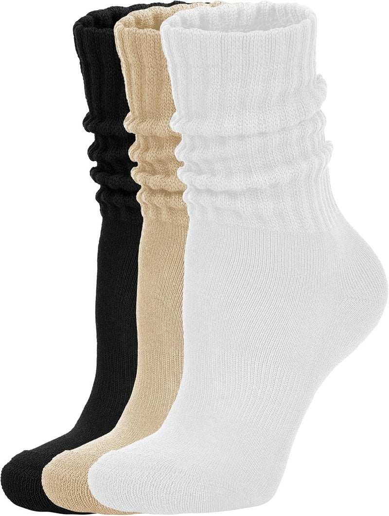 AugRing Store Women's Scrunch Crew Socks Retro 3-Pack Solid Cotton Boot Calf Chunky Ribbed Cozy Slouchy Socks Size 5-11 - Image 1